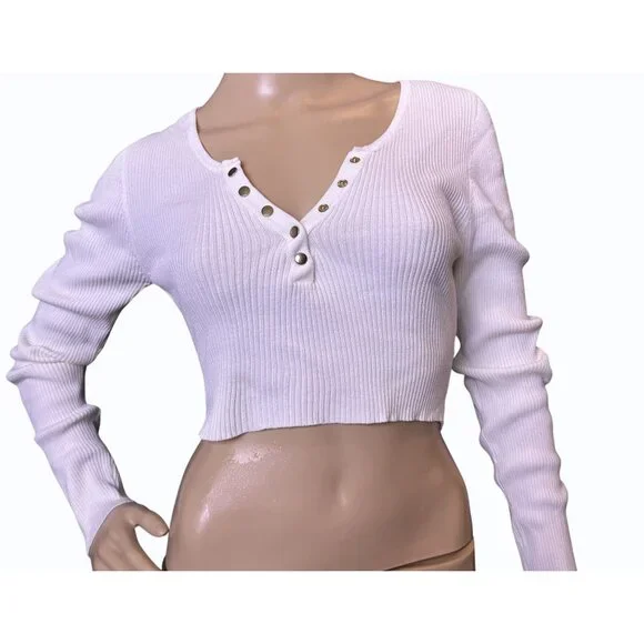 NWT 2Bella Cropped Ribbed Stretch Long Sleeve Top Snap Front L White Y2K Style - Picture 1 of 11